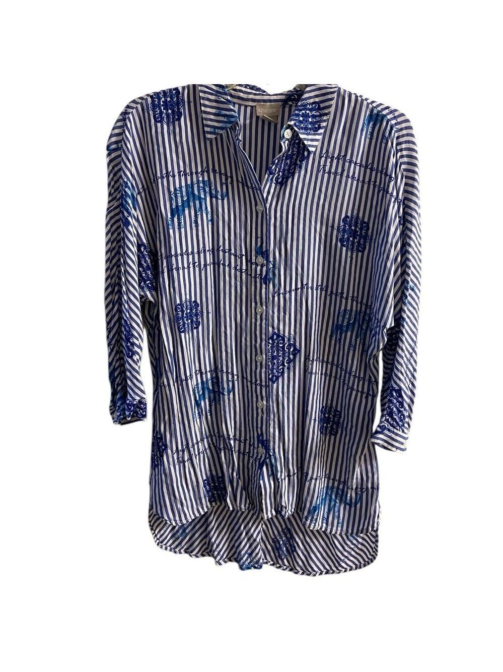 Chico's Blue and White Striped Button Down Shirt Medium